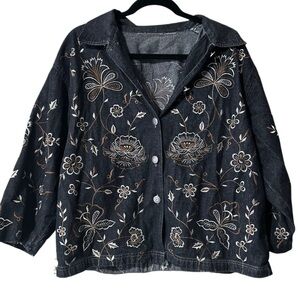 Embroidered Floral Dark Wash Denim Jean Jacket